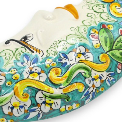 Caltagirone ceramic moon, verdigris h 45 cm approx. baroque decoration lemons and prickly pears - 