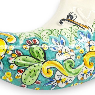 Caltagirone ceramic moon, verdigris h 45 cm approx. baroque decoration lemons and prickly pears - 