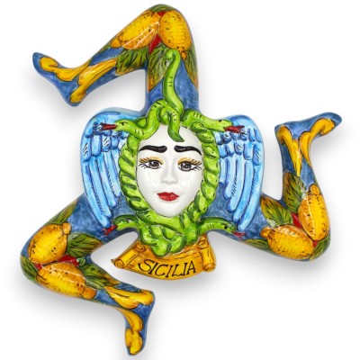 Trinacria in pregiata ceramica Siciliana, h 36 cm ca. Vari colori (1Unità) decoro Limoni - 