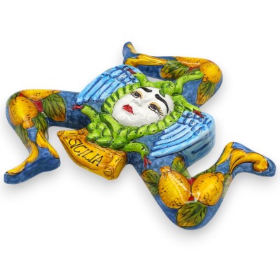 Trinacria in pregiata ceramica Siciliana, h 36 cm ca. Vari colori (1Unità) decoro Limoni - 