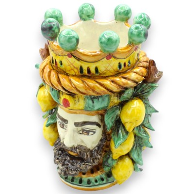 Cabeza de Jano bifaz de dos caras en cerámica de Caltagirone, altura aprox. con corona, trenza y limones MD5 - 