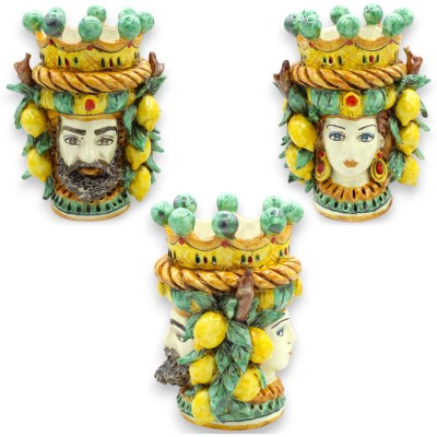 Cabeza de Jano bifaz de dos caras en cerámica de Caltagirone, altura aprox. con corona, trenza y limones MD5 - 