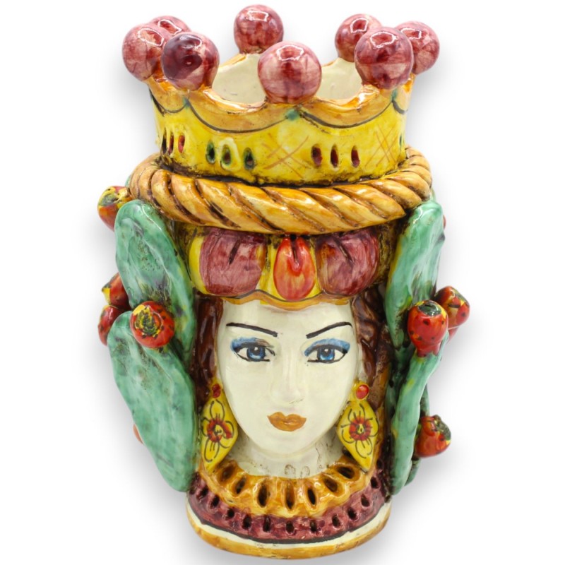 Janus Bifrons head with two faces in Caltagirone ceramic h 21 cm approx. with crown, braid and prickly pear blades MD6 -