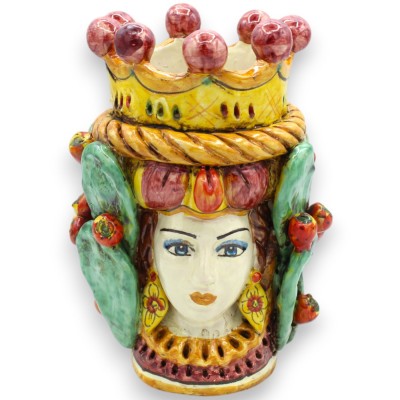 Janus Bifrons head with two faces in Caltagirone ceramic h 21 cm approx. with crown, braid and prickly pear blades MD6 -