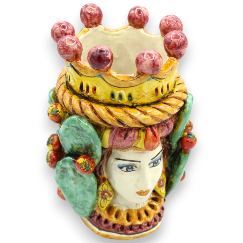 Giano Bifronte testa con due volti in ceramica Caltagirone h 21 cm ca. con corona, treccia e pale ficodindia MD6 - 