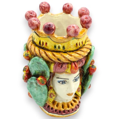 Janus Bifrons head with two faces in Caltagirone ceramic h 21 cm approx. with crown, braid and prickly pear blades MD6 -