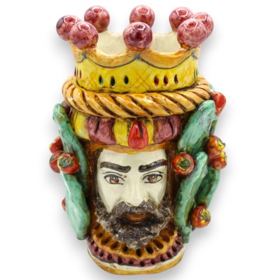 Janus Bifrons head with two faces in Caltagirone ceramic h 21 cm approx. with crown, braid and prickly pear blades MD6 -
