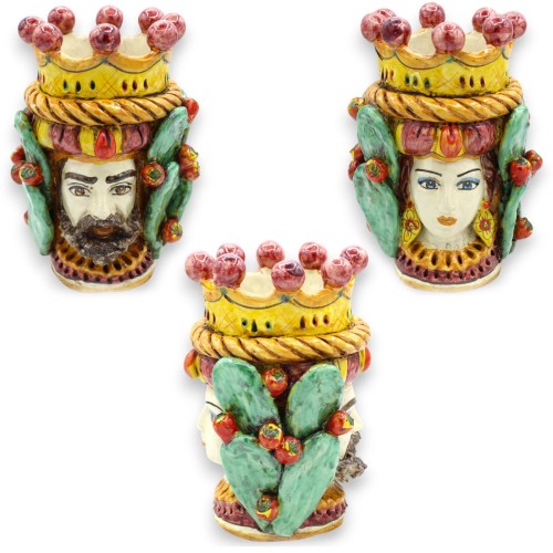 Zweigesichtiger Januskopf mit zwei Gesichtern aus Caltagirone-Keramik, H ca. 21 cm. mit Krone, Zopf und MD6-Feigenkaktusblättern