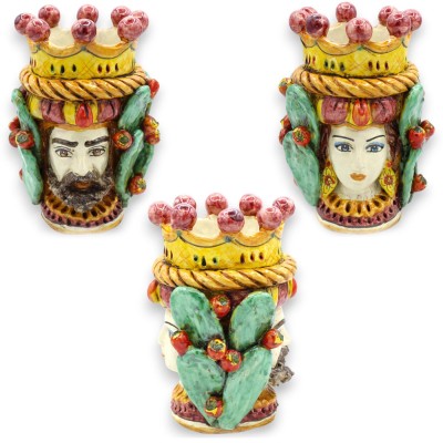 Giano Bifronte testa con due volti in ceramica Caltagirone h 21 cm ca. con corona, treccia e pale ficodindia MD6 - 