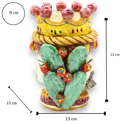 Janus Bifrons head with two faces in Caltagirone ceramic h 21 cm approx. with crown, braid and prickly pear blades MD6 -