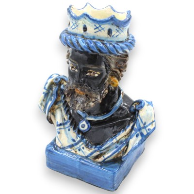 Paire de bustes en céramique Caltagirone avec couronne, bleu antique, h environ 18 cm. base carrée - 