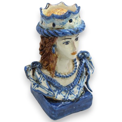 Paire de bustes en céramique Caltagirone avec couronne, bleu antique, h environ 18 cm. base carrée - 