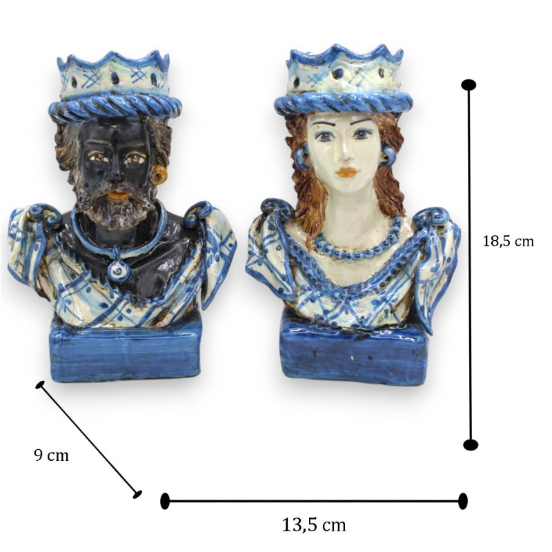 Paire de bustes en céramique Caltagirone avec couronne, bleu antique, h environ 18 cm. base carrée - 