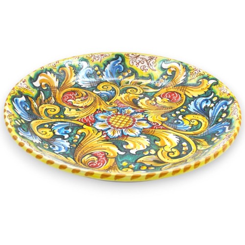 Ceramiczny talerz ozdobny Caltagirone, Ø ok. 37 cm. dekoracja barokowa i kwiatowa na tle zieleniny -  2
