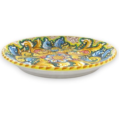 Ceramiczny talerz ozdobny Caltagirone, Ø ok. 37 cm. dekoracja barokowa i kwiatowa na tle zieleniny - 