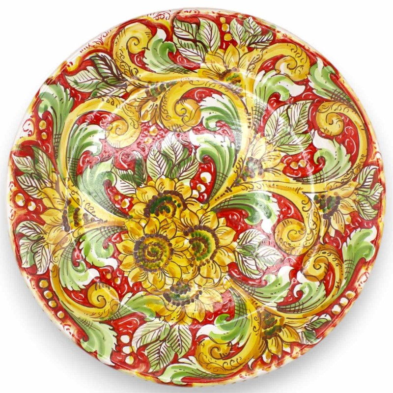 Ornamental Rimmed Plate in Caltagirone Ceramic, Ø 37 cm approx. Baroque decoration and sunflowers on a red background - 