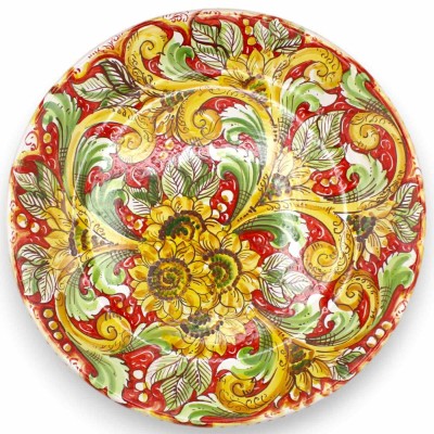 Ornamental Rimmed Plate in Caltagirone Ceramic, Ø 37 cm approx. Baroque decoration and sunflowers on a red background - 