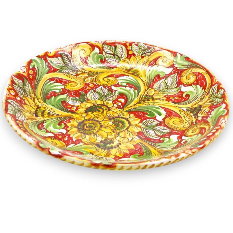 Ornamental Rimmed Plate in Caltagirone Ceramic, Ø 37 cm approx. Baroque decoration and sunflowers on a red background - 