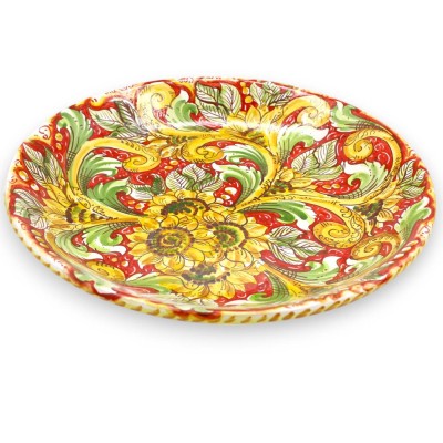 Ornamental Rimmed Plate in Caltagirone Ceramic, Ø 37 cm approx. Baroque decoration and sunflowers on a red background - 