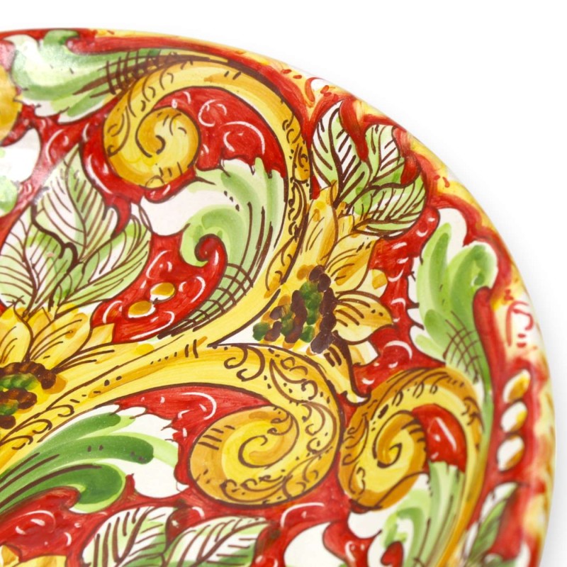 Ornamental Rimmed Plate in Caltagirone Ceramic, Ø 37 cm approx. Baroque decoration and sunflowers on a red background - 