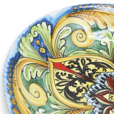 Piatto Ornamentale a Falda ceramica Caltagirone, Ø 37 cm ca. decoro barocco e floreale multicolore - 