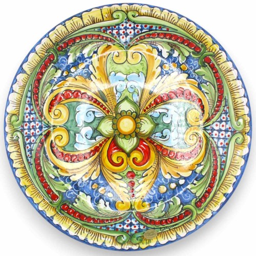 Ceramiczny talerz ozdobny Caltagirone Ø 37 cm ok. wielobarwna dekoracja barokowa i kwiatowa, na niebieskim tle - 