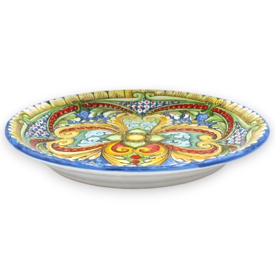 Ceramiczny talerz ozdobny Caltagirone Ø 37 cm ok. wielobarwna dekoracja barokowa i kwiatowa, na niebieskim tle - 