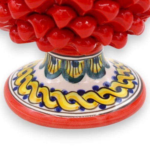 Sicilian Pine Cone in Caltagirone Ceramic, Red, 2 size options (1pc) Stem with braid and peacock tail decoration -  2