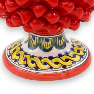 Sicilian Pine Cone in Caltagirone Ceramic, Red, 2 size options (1pc) Stem with braid and peacock tail decoration - 