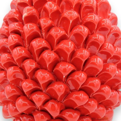Sicilian Pine Cone in Caltagirone Ceramic, Red, 2 size options (1pc) Stem with braid and peacock tail decoration - 