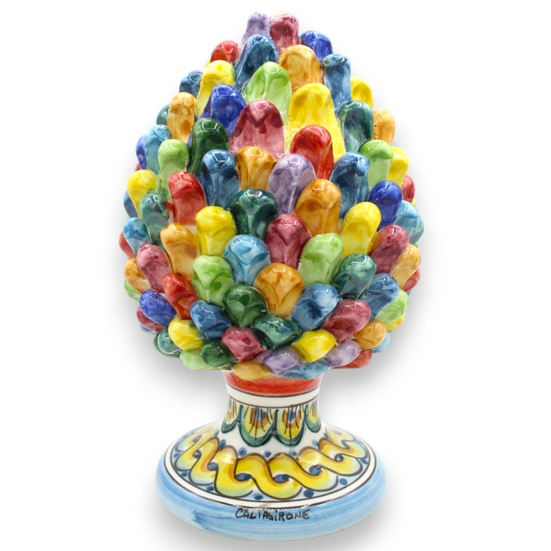 Pigna Siciliana Ceramica Caltagirone, Policromatica, 2 misure (1Unità) Gambo decoro coda di pavone e treccia - 