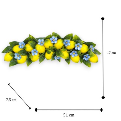 Arco de pared con composición de 14 limones, L 50 x 17 cm aprox. flores y hojas en cerámica fina - 