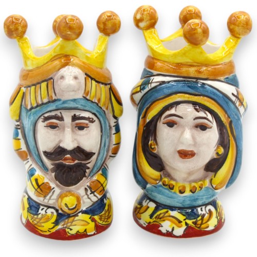 Paire de têtes marron foncé en céramique de Caltagirone - h environ 13 cm avec couronne, turban turquoise MD5 - 