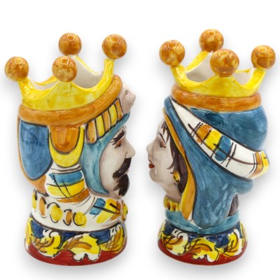 Paire de têtes marron foncé en céramique de Caltagirone - h environ 13 cm avec couronne, turban turquoise MD5 - 