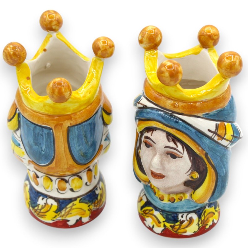 Coppia Teste di moro in ceramica Caltagirone - h 13 cm ca. con Corona, turbante Turchese MD5 - 