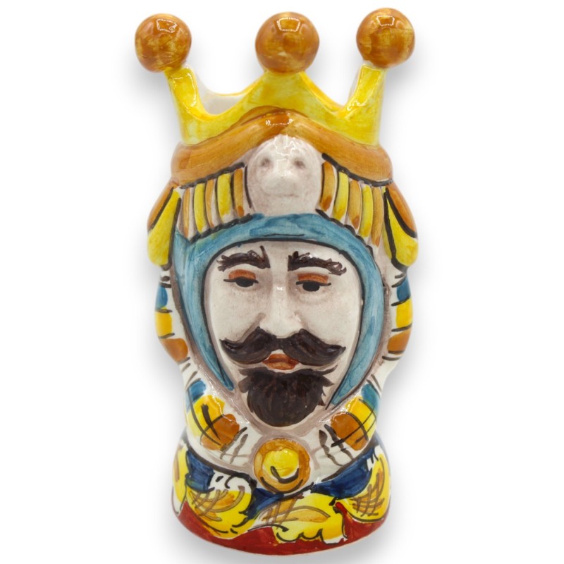 Paire de têtes marron foncé en céramique de Caltagirone - h environ 13 cm avec couronne, turban turquoise MD5 - 
