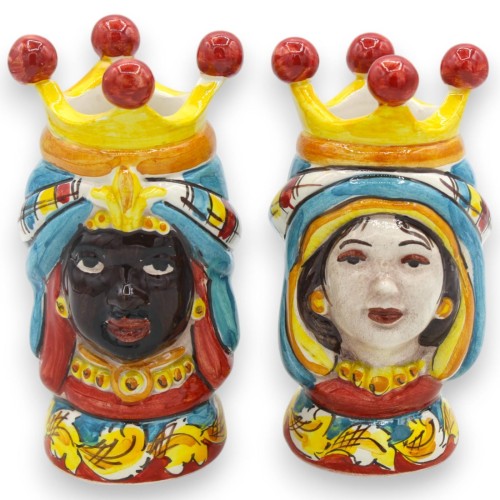 Par de cabeças castanhas escuras em cerâmica Caltagirone - h aprox. com coroa, turbante turquesa MD6 - 
