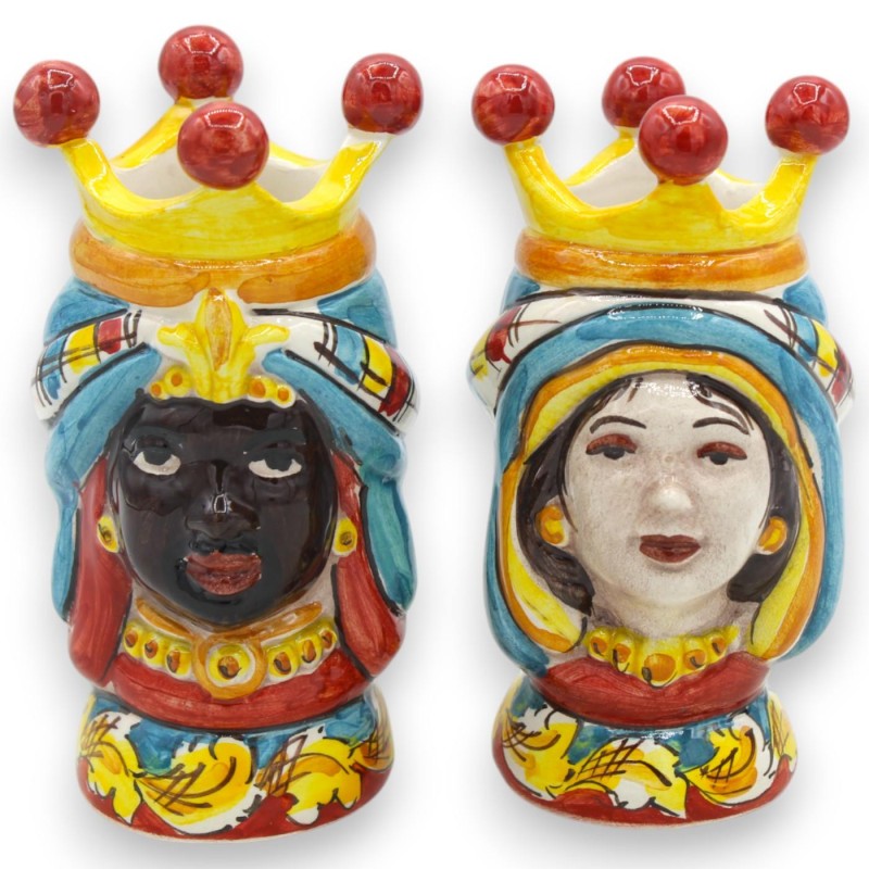Paire de têtes marron foncé en céramique de Caltagirone - h environ 13 cm avec couronne, turban turquoise MD6 - 