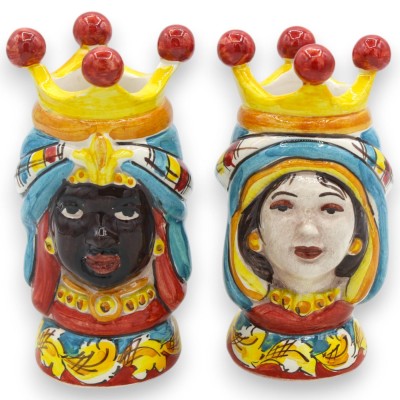 Coppia Teste di moro in ceramica Caltagirone - h 13 cm ca. con Corona, turbante Turchese MD6 - 