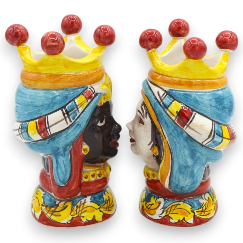 Pair of Moorish heads in Caltagirone ceramic - h 13 cm approx. with Crown, turquoise turban MD6 - 