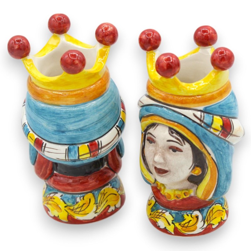 Coppia Teste di moro in ceramica Caltagirone - h 13 cm ca. con Corona, turbante Turchese MD6 - 