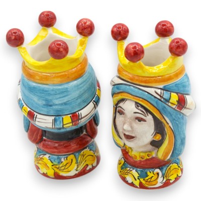 Coppia Teste di moro in ceramica Caltagirone - h 13 cm ca. con Corona, turbante Turchese MD6 - 