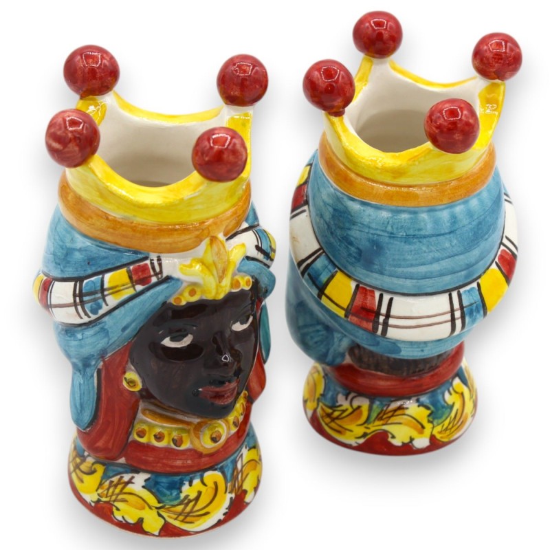Pair of Moorish heads in Caltagirone ceramic - h 13 cm approx. with Crown, turquoise turban MD6 - 