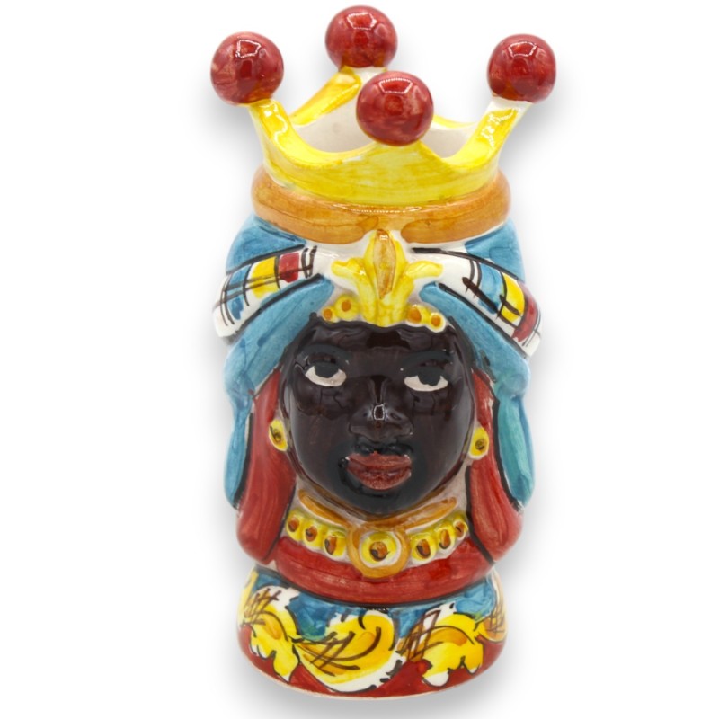Pair of Moorish heads in Caltagirone ceramic - h 13 cm approx. with Crown, turquoise turban MD6 - 