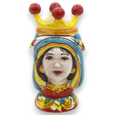 Paire de têtes marron foncé en céramique de Caltagirone - h environ 13 cm avec couronne, turban turquoise MD6 - 