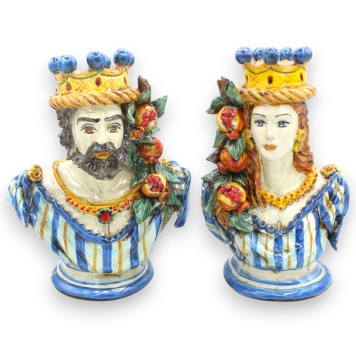 Paar keramieken Caltagirone bustes met kroon, granaatappel, h ca. 21/22 cm. Antiek blauw - 