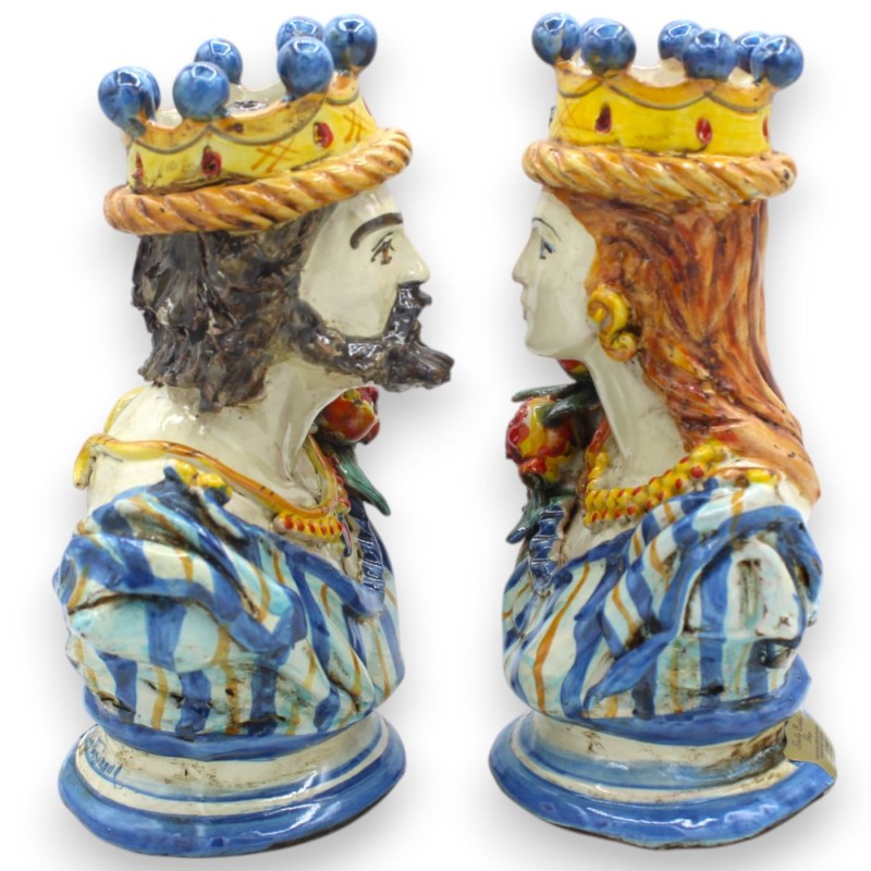 Coppia di Busti in ceramica Caltagirone con Corona, Melograno, h 21 / 22 cm ca. Blu Antico - 