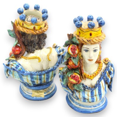 Coppia di Busti in ceramica Caltagirone con Corona, Melograno, h 21 / 22 cm ca. Blu Antico - 