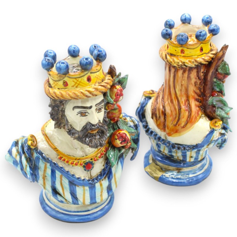 Coppia di Busti in ceramica Caltagirone con Corona, Melograno, h 21 / 22 cm ca. Blu Antico - 