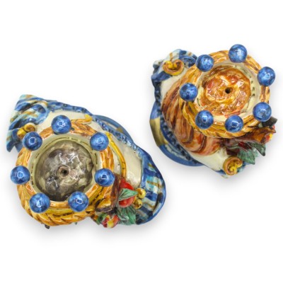 Coppia di Busti in ceramica Caltagirone con Corona, Melograno, h 21 / 22 cm ca. Blu Antico - 